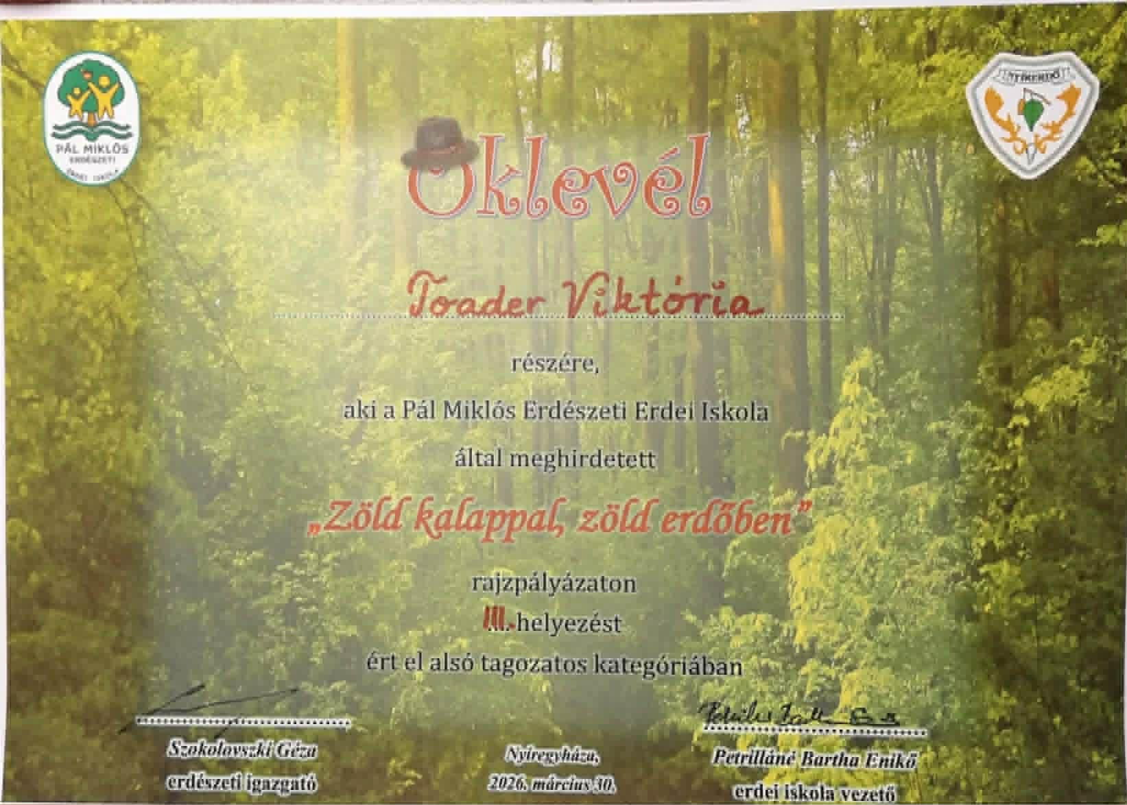 Toader Viktória oklevele