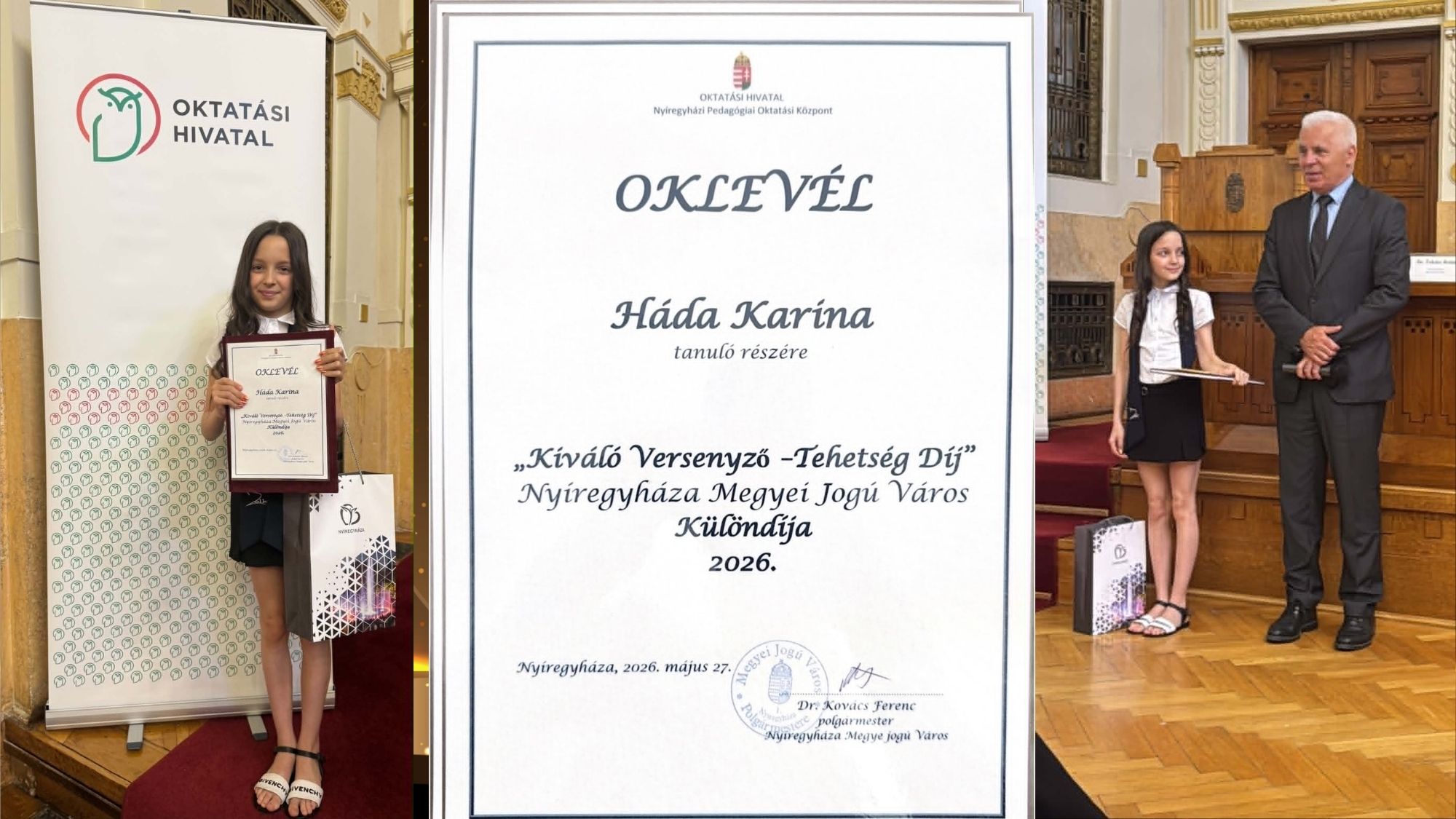 Háda Karina átveszi a díjat Kovács Ferenc polgármester úrtól