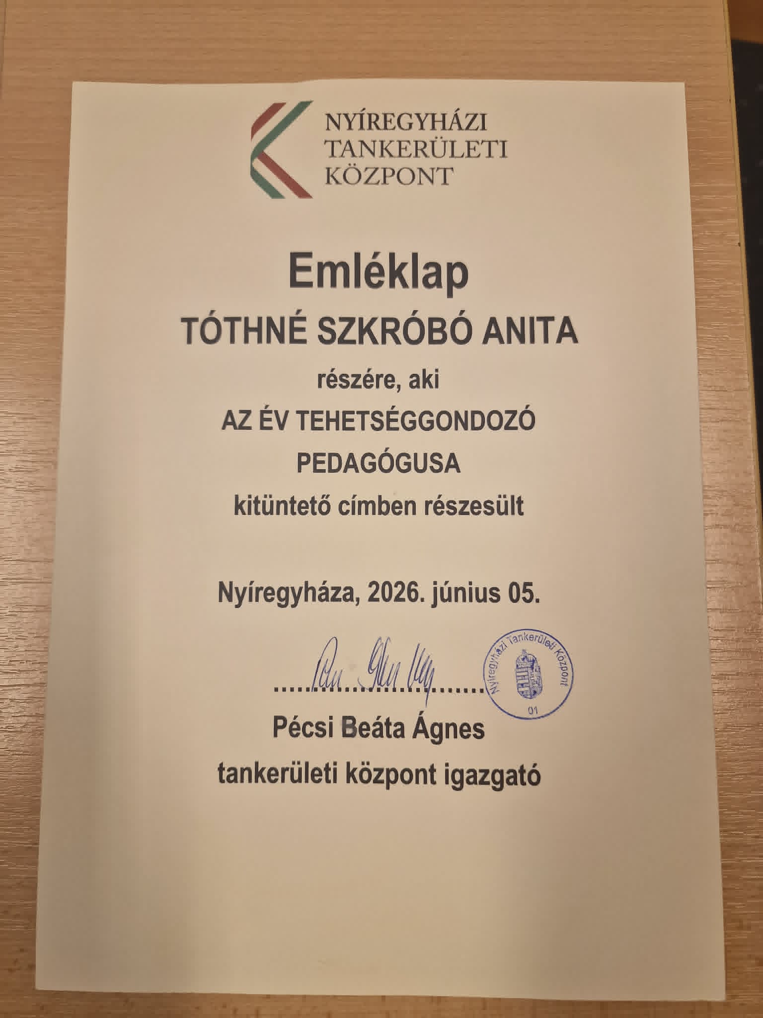 Az Év Tehetséggondozó Pedagógusa emléklap - Tóthné Szkróbó Anita
